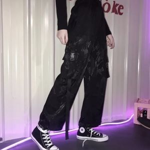 🐉 DRAGON PRINT BLACK BAGGY PANTS (SATIN)